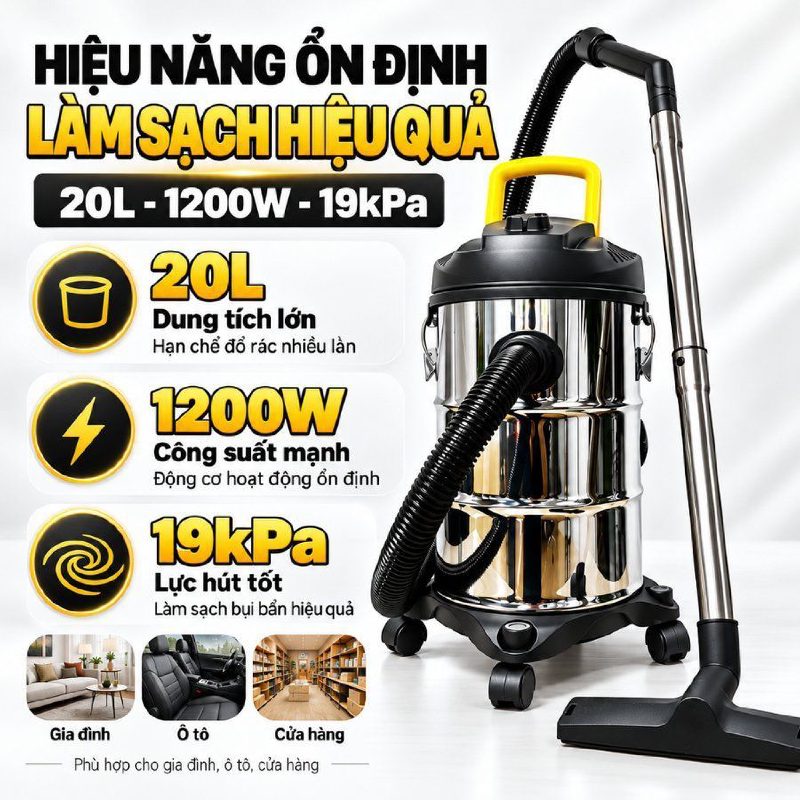 Máy hút bụi hộp inox 20L hút khô ướt